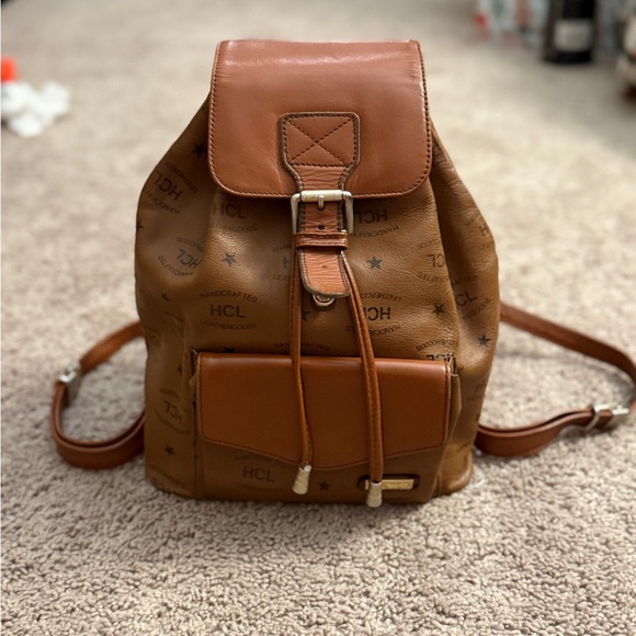 Vintage Made in Germany HCL Backpack Women Small Brown Leather Drawstring Bag main image 13